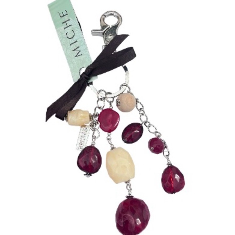 Miche Silver Tone Charm Keychain Purse Key Tag Red White Stones; NWT!